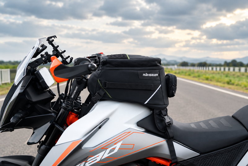 Rahgear Recon motorcycle tank bag mounted for an adventure ride